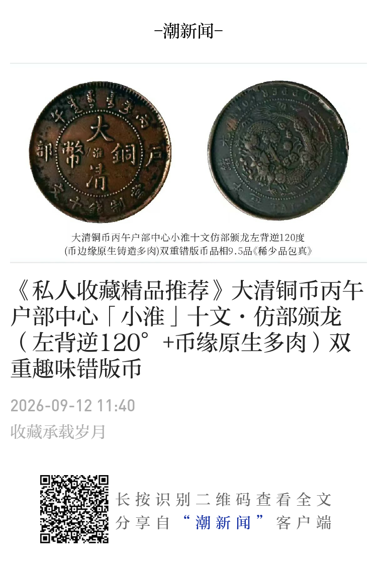 私人收藏精品推荐》大清铜币丙午户部中心「小淮」十文·仿部颁龙（左背