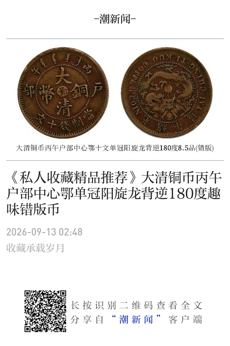 私人收藏精品推荐》大清铜币丙午户部中心鄂单冠阳旋龙背逆180度趣味错版币
